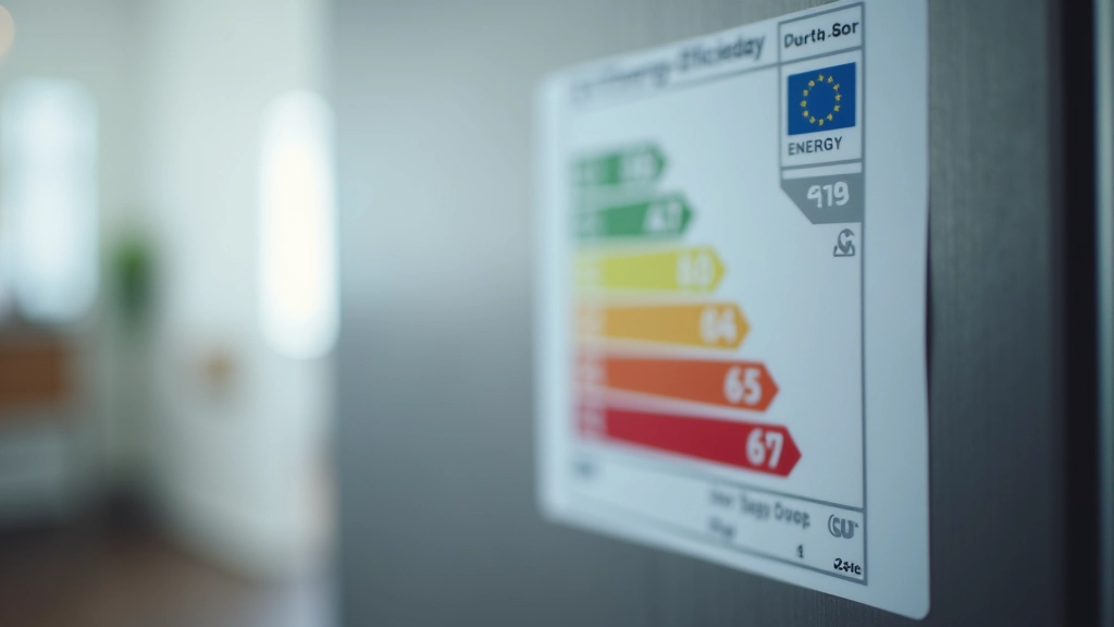 Étiquette énergétique européenne A+ sur réfrigérateur, montrant les critères de consommation et d'efficacité énergétique