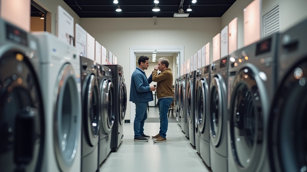 Magasin d'électroménager avec panneaux de promotion et clients examinant des appareils