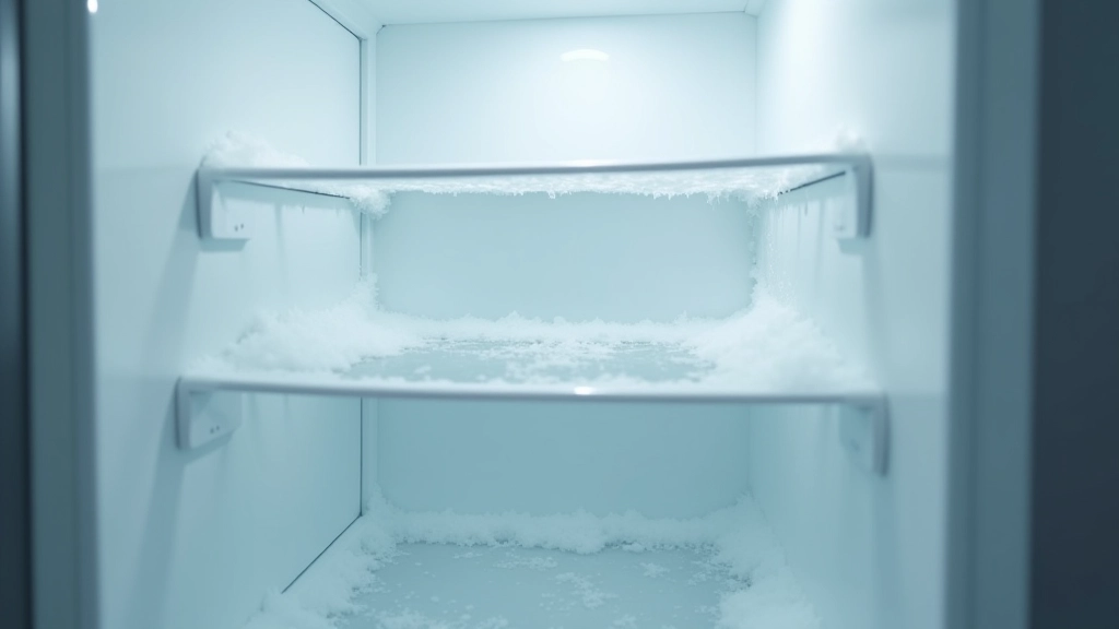 Intérieur de réfrigérateur avec accumulation de givre et glace sur les parois, signe d'un système de dégivrage défaillant