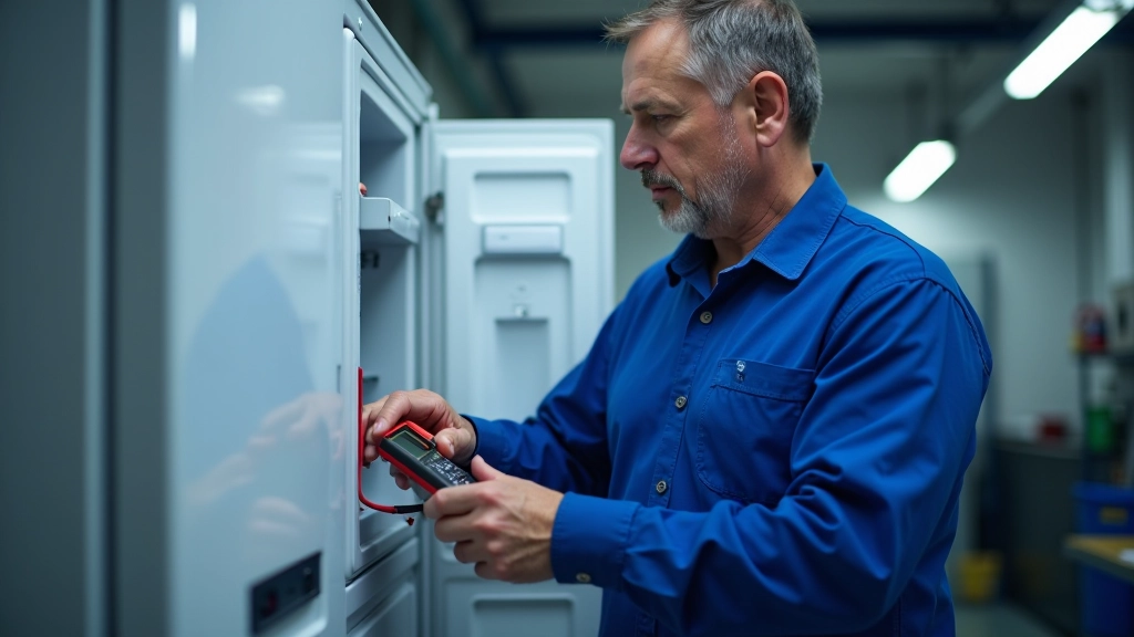 Technicien en uniforme bleu inspectant l'intérieur d'un réfrigérateur avec un multimètre